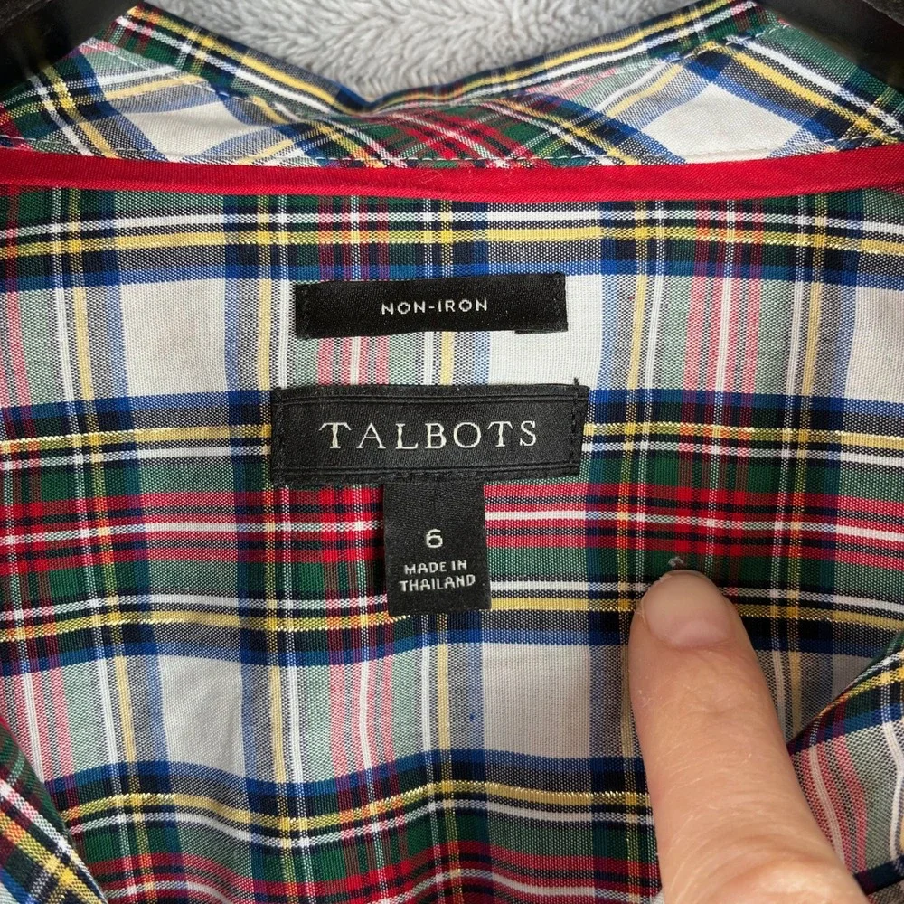 Talbots Plaid Button Up Shirt 6 Tartan Holiday Christmas Red Green Gold Non-Iron
